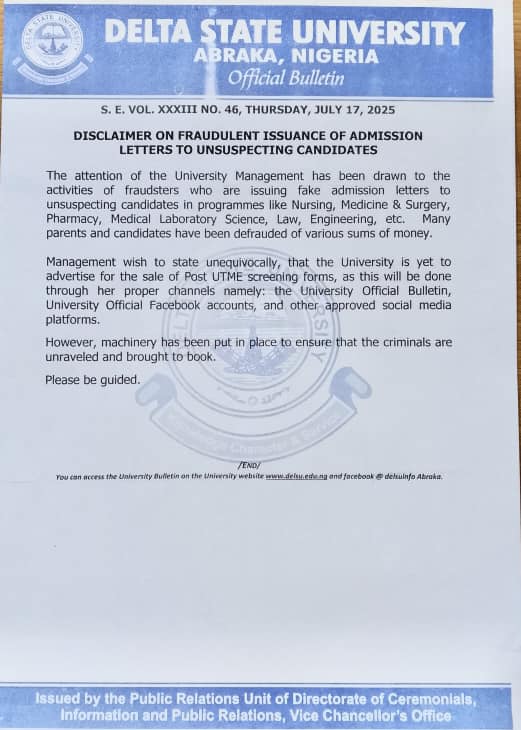 DISCLAIMER ON FRAUDULENT ISSUANCE OF ADMISSION LETTERS TO UNSUSPECTING CANDIDATES